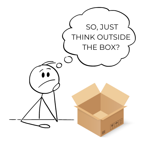 Image of a stick figure guy thinking "outside thee box" with an empty cardboard box. Considering what do to for a pet loss anniversary.