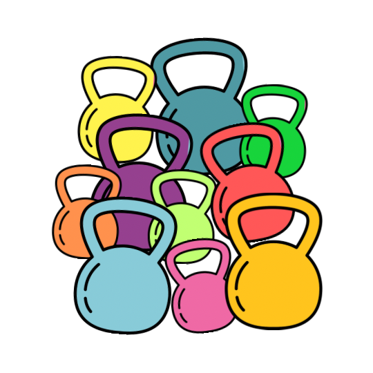 Ten colorful kettlebells stacks on top of each other