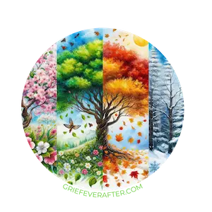 An image generated that depicts four seasons with a tree for each season. This is for a post about grieving your pet through seasonal changes.