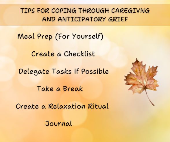 A graphic titled Tiips For Coping Through Caregiving and Anticipatory Grief that outlines the headings of the text.