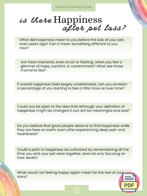 preview of the pdf with all the questions about happiness after pet loss that are discussed in this post