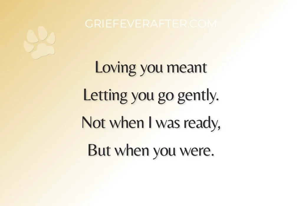 A graphic about euthanasia and pet loss that says loving you meant letting you go gently, not when I was ready but when you were.