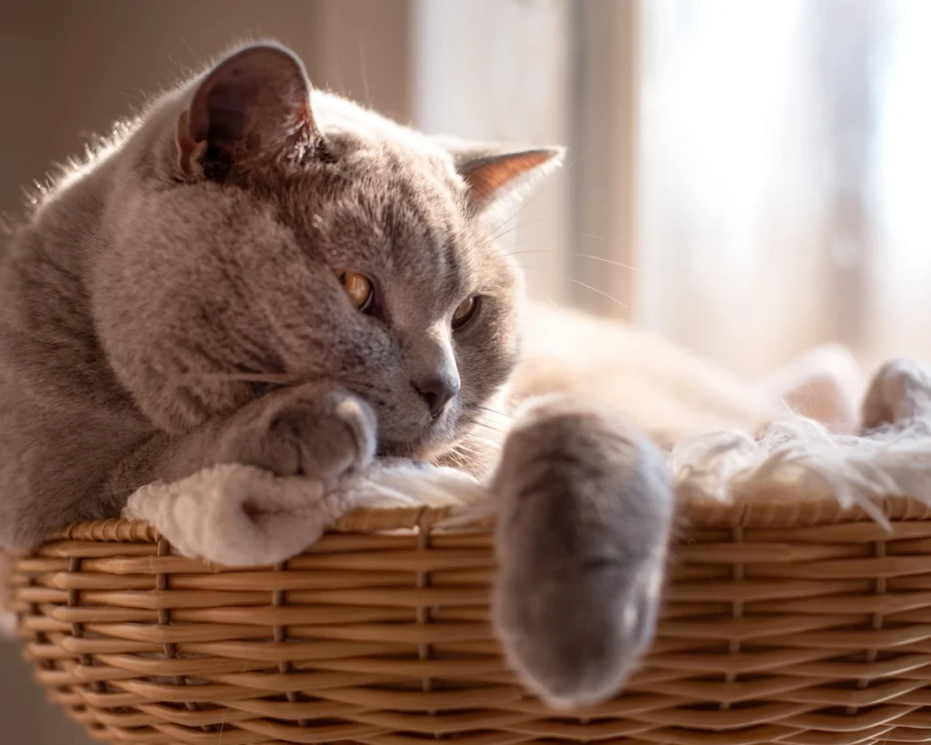 Gray fluffy cat laying in a wicker basket, in the sun. For a post on grieving pets and supporting other pets in grief